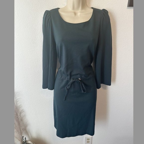Massimo Dutti NWT S Forest Green Knee Length Dress 3/4 Sleeve Tie Waist Modest‎ - Picture 3 of 10
